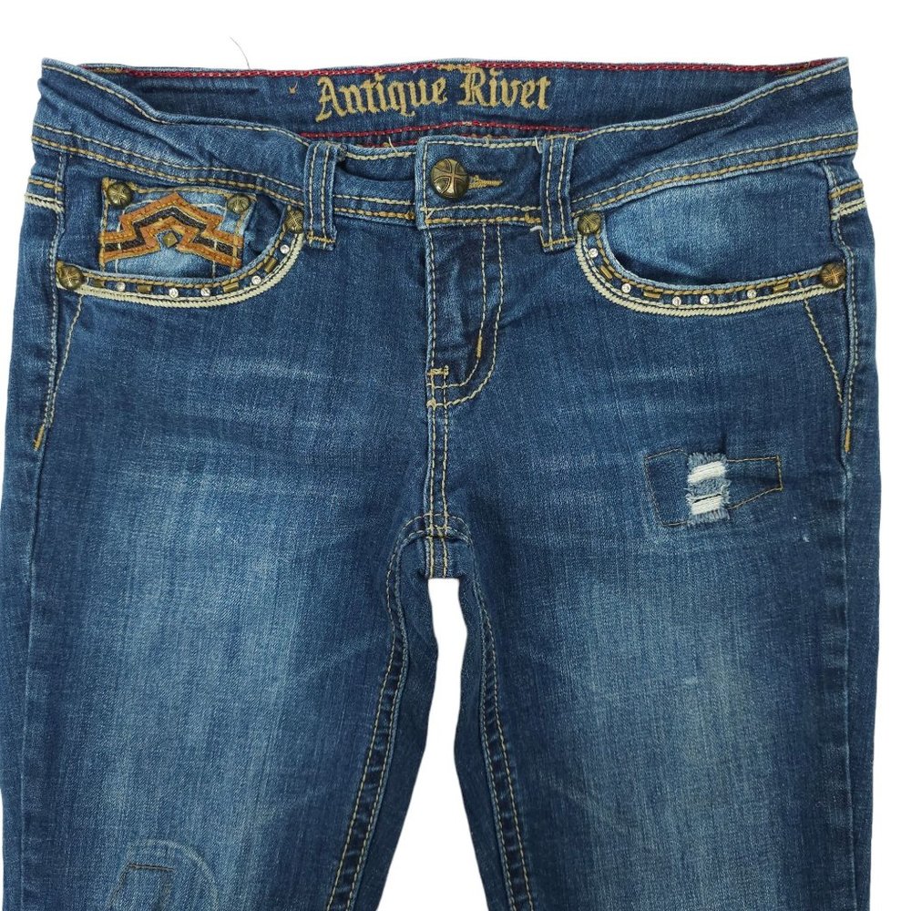 Antique Rivet Jeans BootCut Western Low Rise Sz 29 Rhinestone Stretch Distressed - Picture 10 of 14